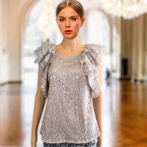BCBGMaxAzria Exquisite Beige Silver Lace Blouse Dramatic Lace Tulle Ruffles Sz M